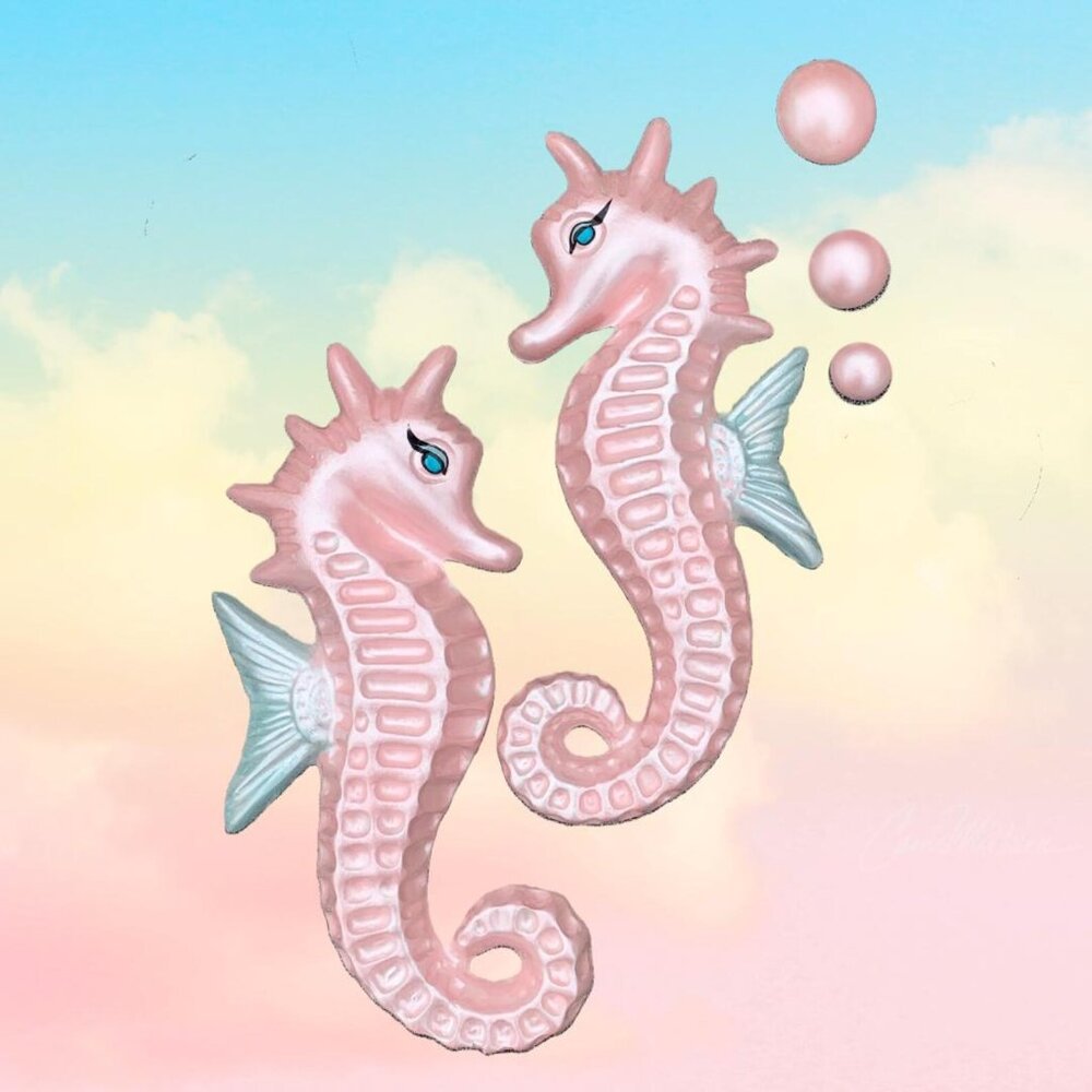 LARGE Chalkware 12" Pink SEAHORSE PAIR + Bubbles